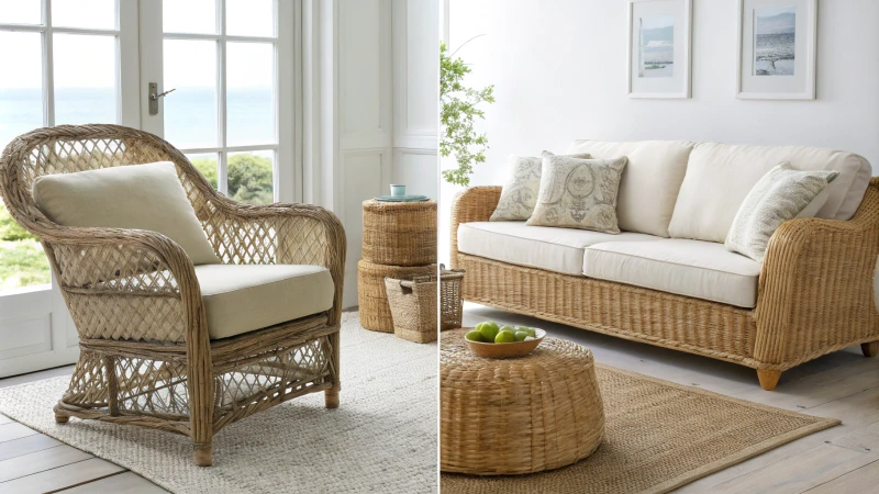 A bright living room showcasing wicker and rattan furniture side by side.