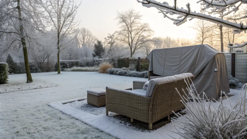 Winter backyard scene with rattan furniture and snow