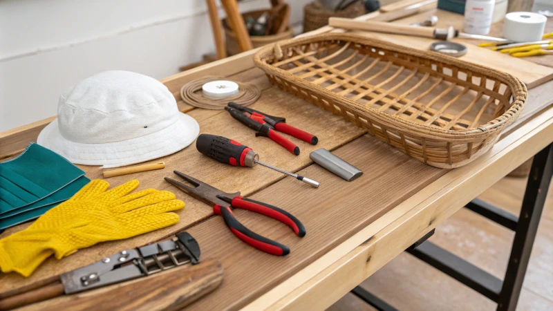Wooden workbench with tools for rattan furniture repair