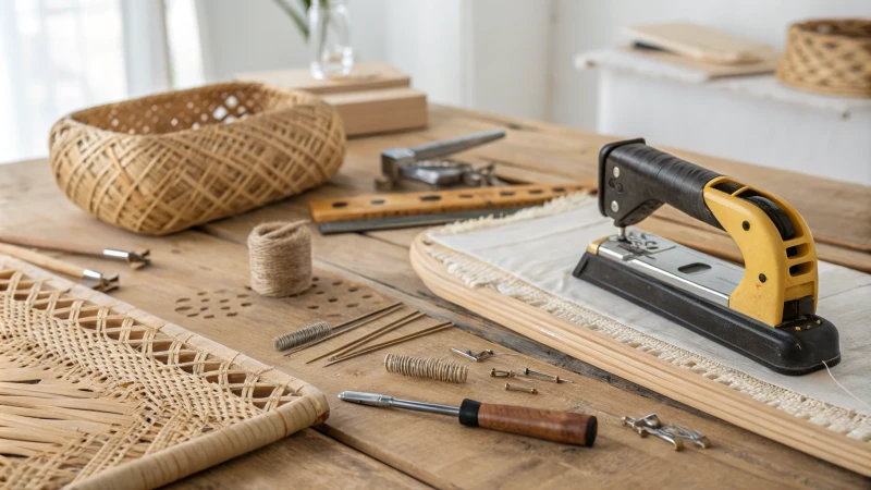 Workspace with tools for attaching rattan webbing